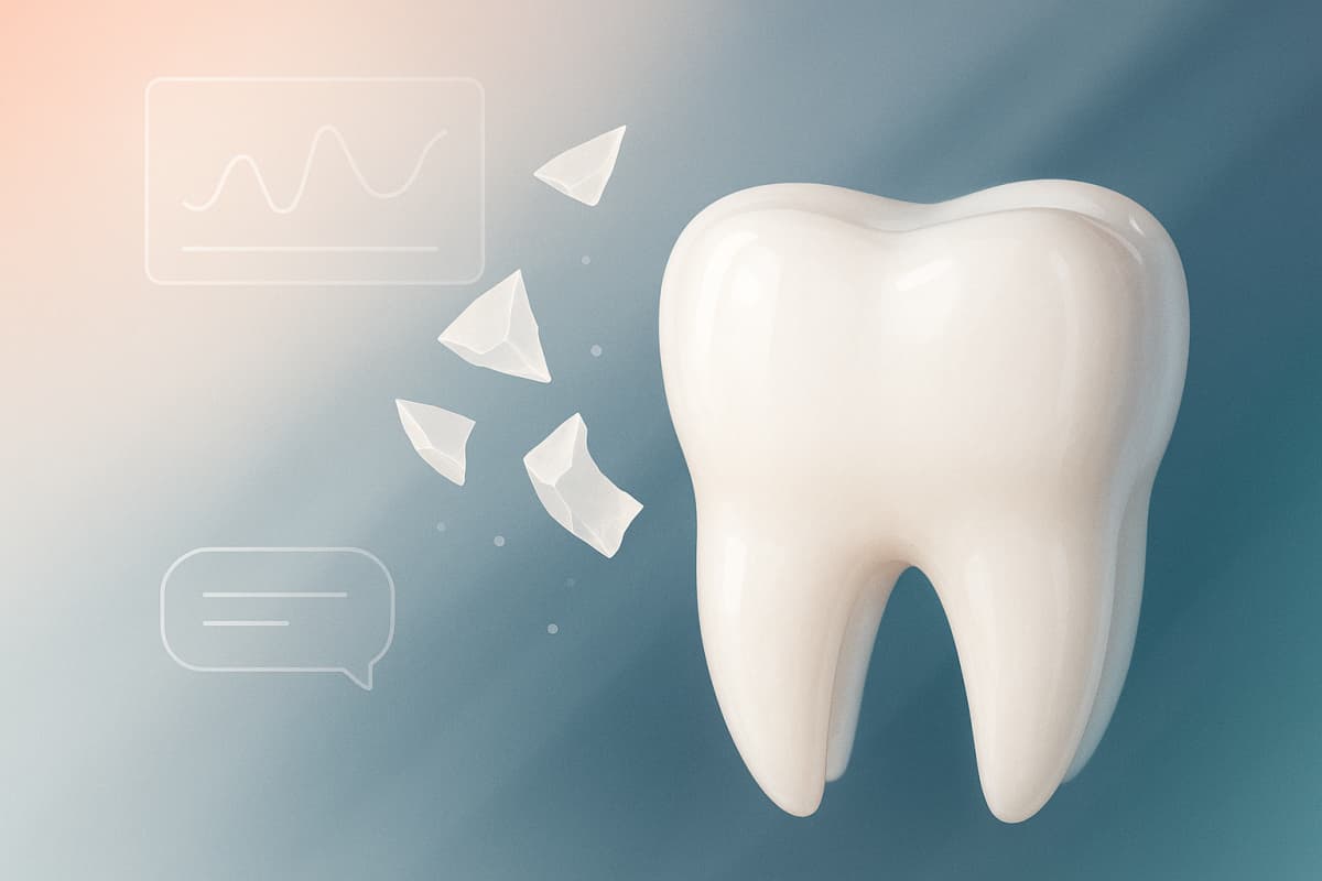 Modern dental illustration with floating porcelain fragments, smooth enamel, pink and teal accents, and digital overlays.