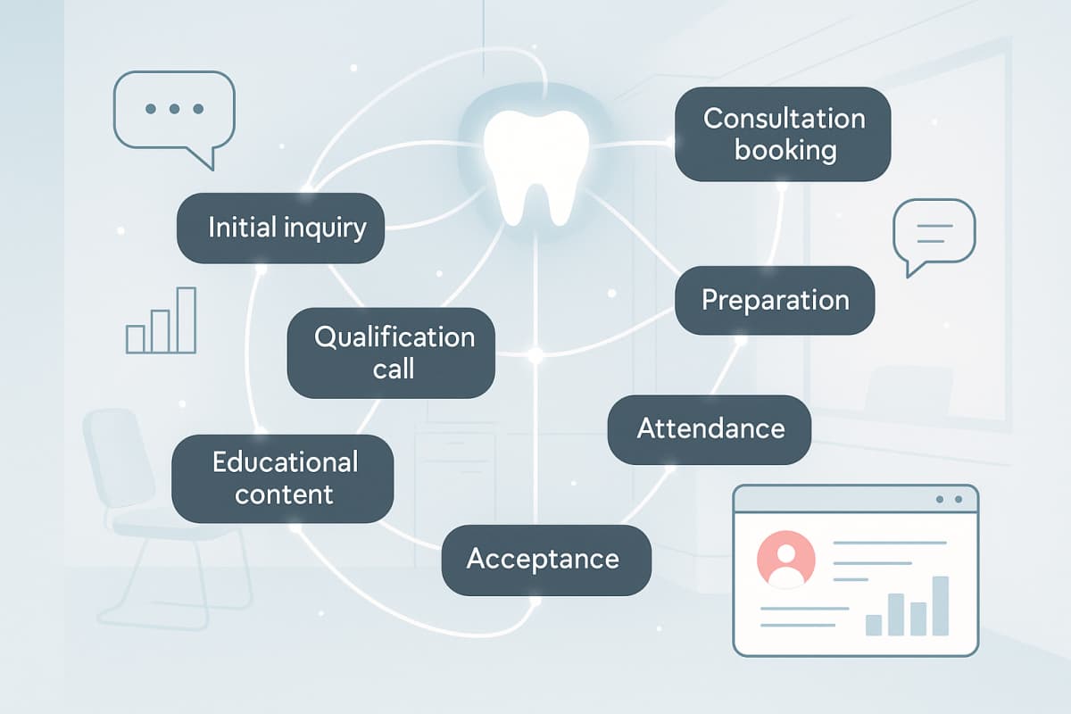 Modern dental illustration with interconnected glowing nodes representing patient journey touchpoints in a clinical, serene palette.