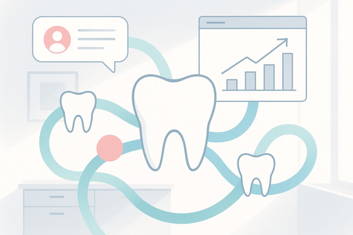 Modern dental illustration with pathways, tooth icons, digital interfaces, and welcoming design elements.