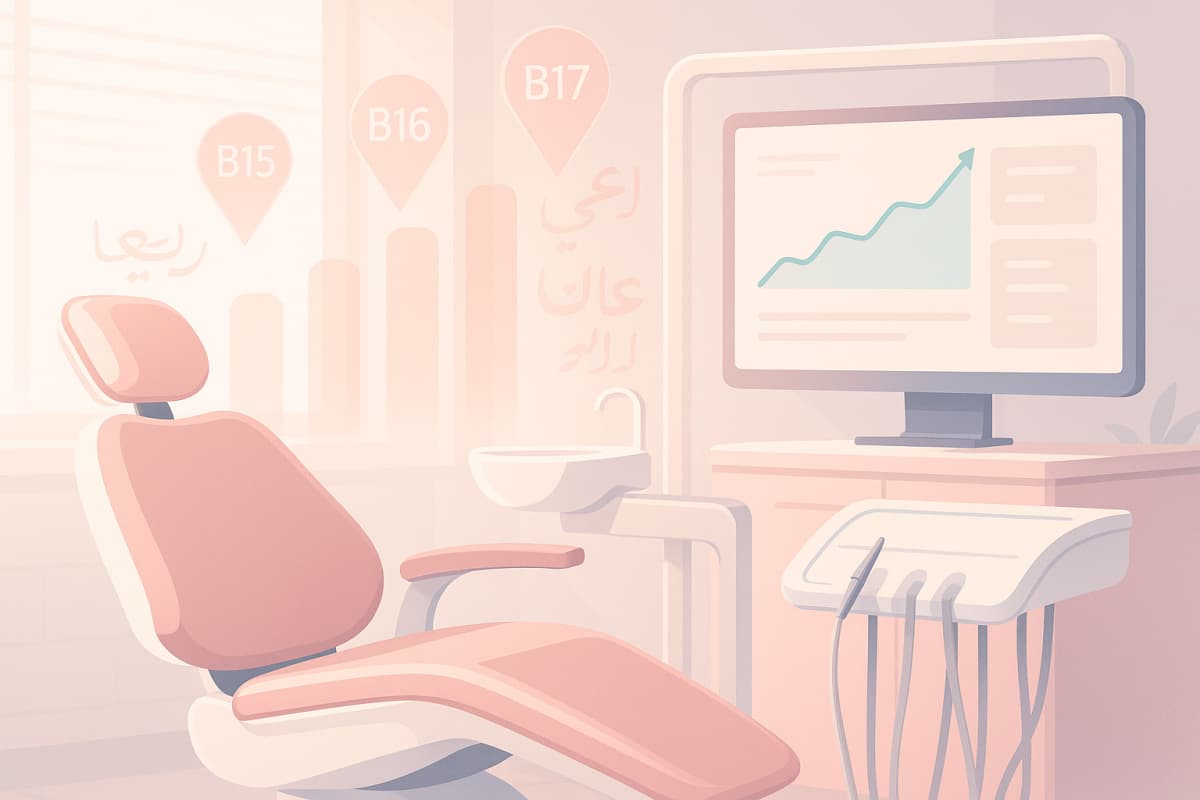 Modern dental room with growth charts, postcode markers, multilingual scripts, and digital dashboard.