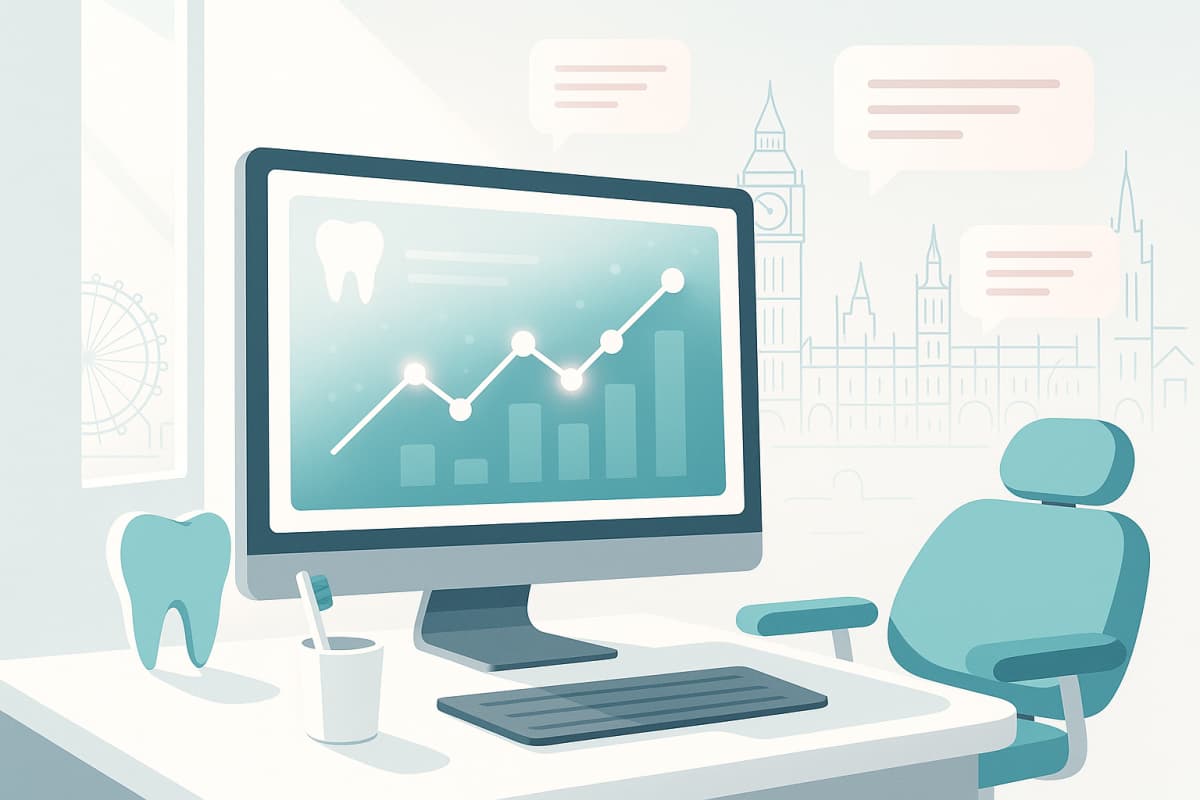Modern dental-themed digital workspace with growth charts, cityscape, and testimonial bubbles.