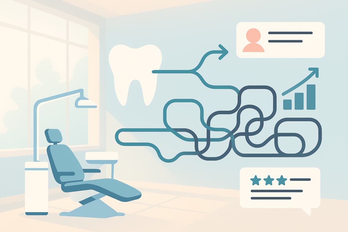 Modern dental treatment room with abstract pathways, growth charts, and testimonial bubbles in bright, warm tones.