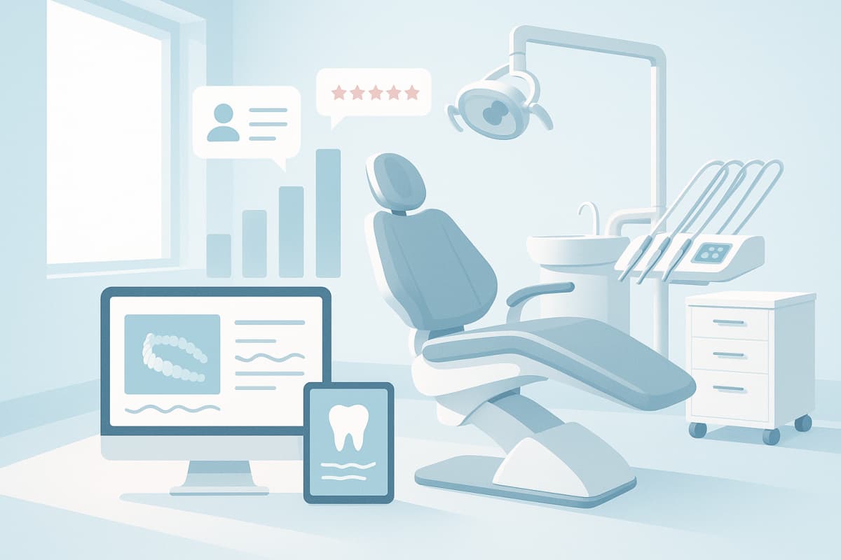 Modern dental treatment room with digital dashboards, growth charts, and testimonial bubbles.