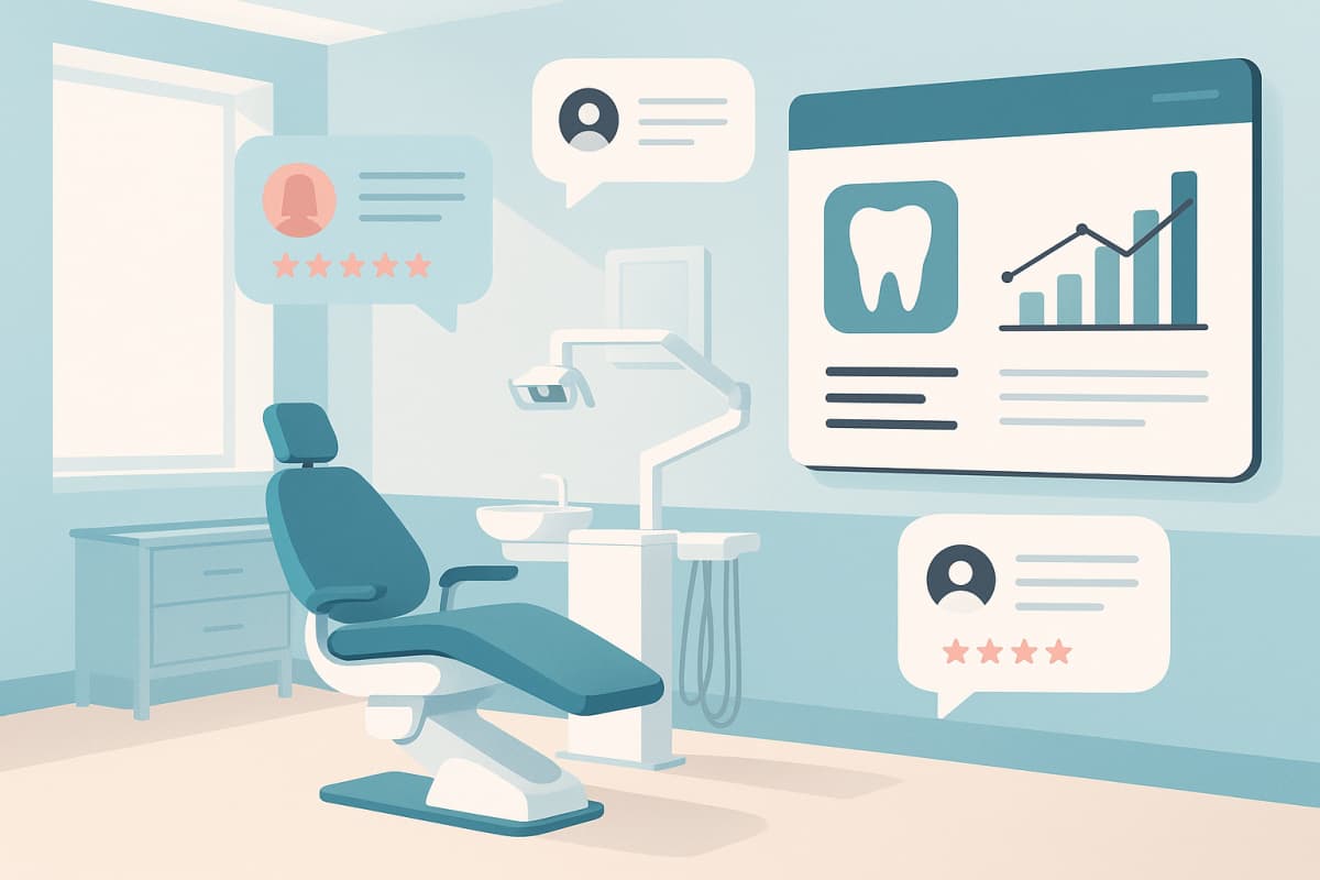 Modern dental treatment room with digital dashboard, testimonial bubbles, and growth charts.