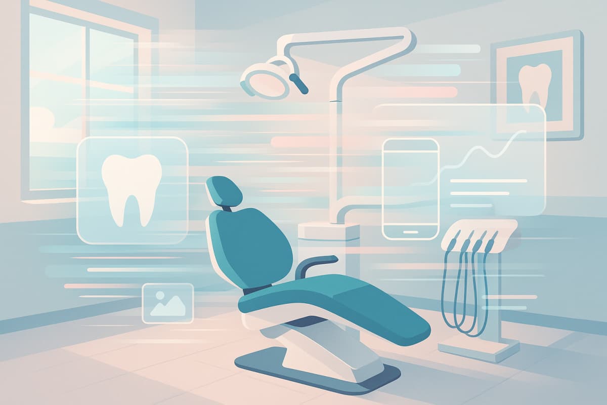 Modern dental treatment room with digital data flow, connectivity, and device icons.