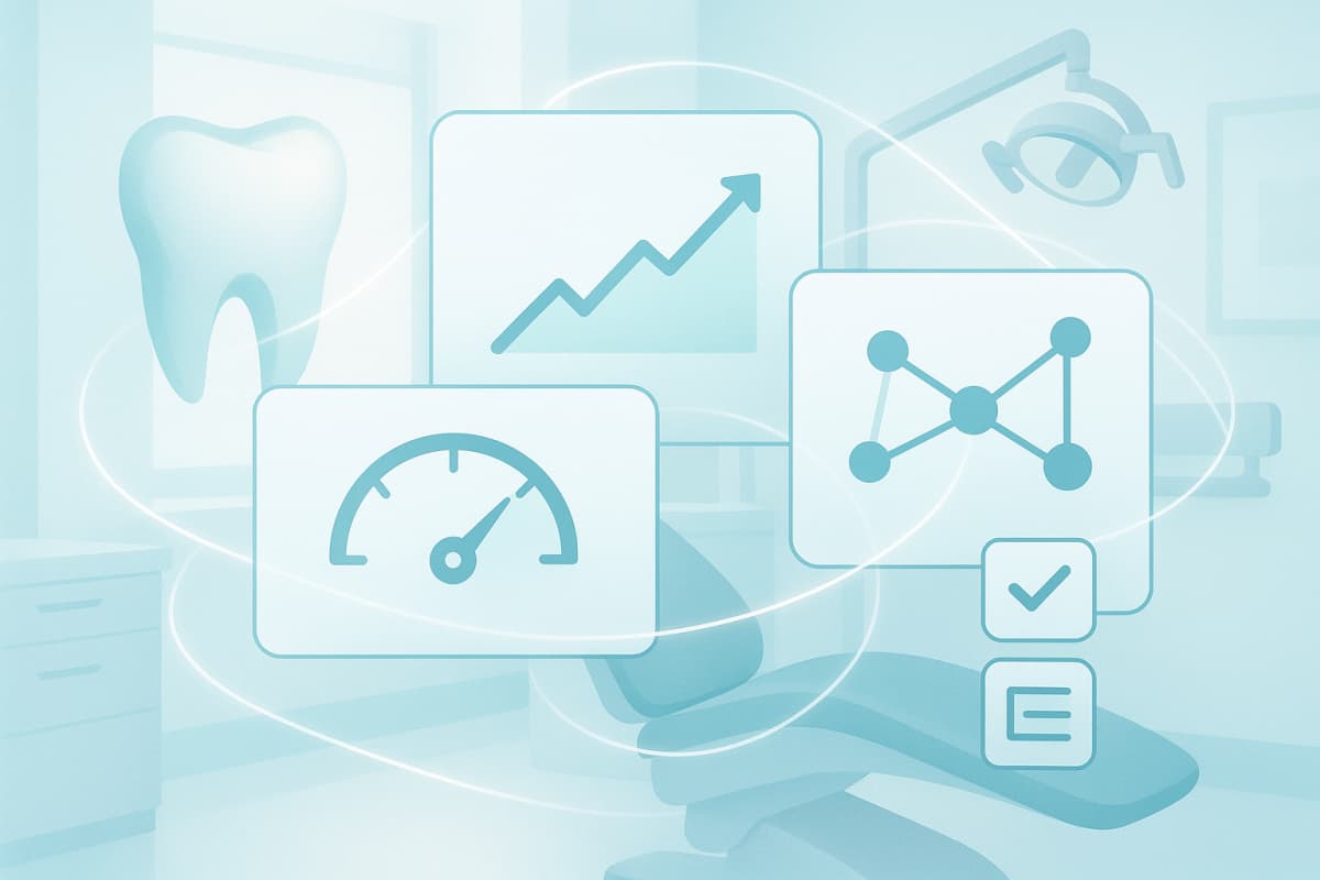 Modern dental treatment room with digital workspace, charts, and data flow visuals in clinical tones.