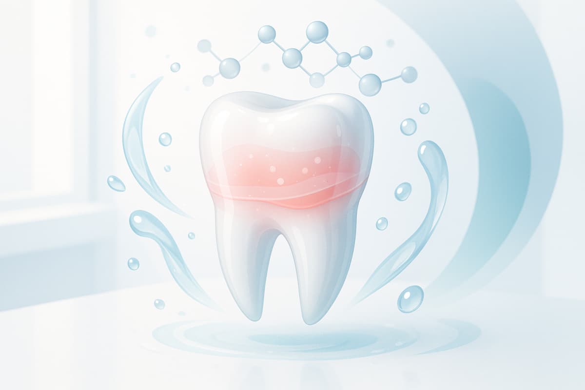 Modern dental treatment room with glowing resin layers, molecular structures, water droplets, and soothing colors.