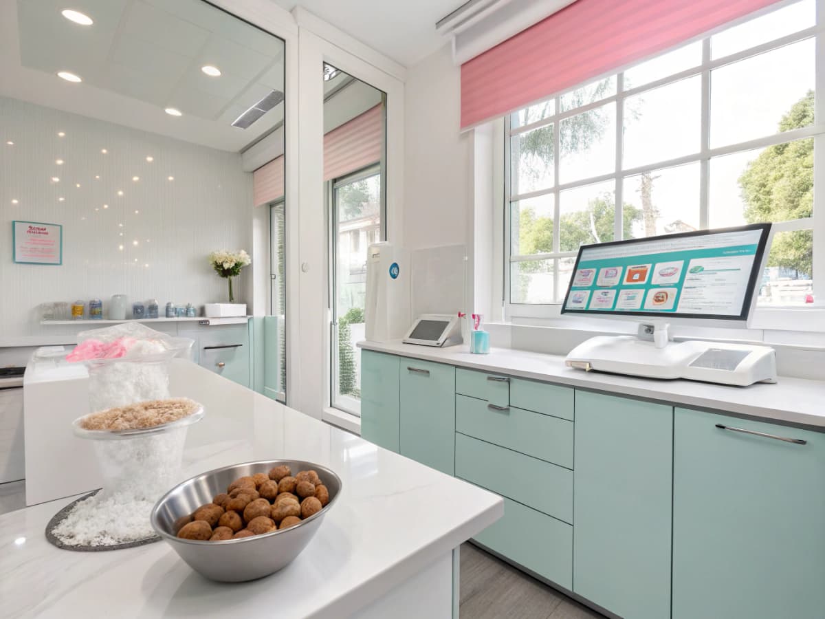 Modern dental treatment room with melting ice shards, nuts, and glowing digital dashboard.