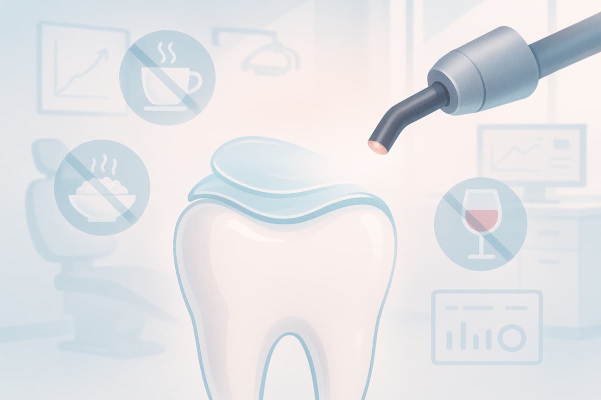 Modern dental treatment room with resin curing, floating icons of coffee, wine, curry, tobacco, and digital charts.