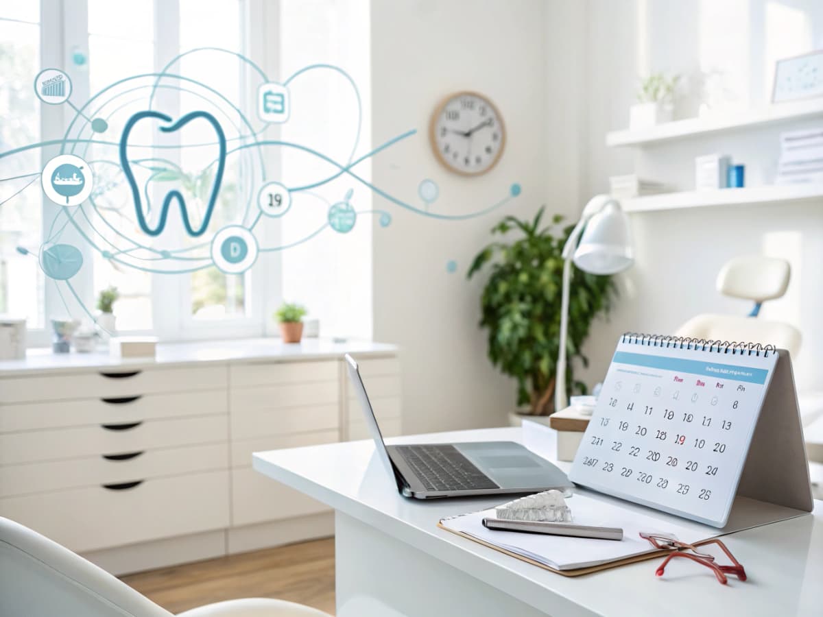 Modern dental workspace with abstract patient pathways, contact icons, calendar, and growth lines in soothing tones.