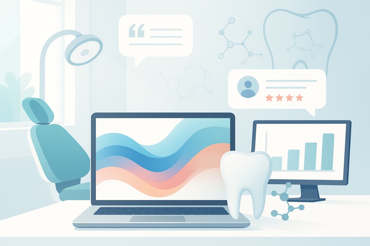 Modern dental workspace with AI color matching, bonding textures, growth charts, and testimonials.
