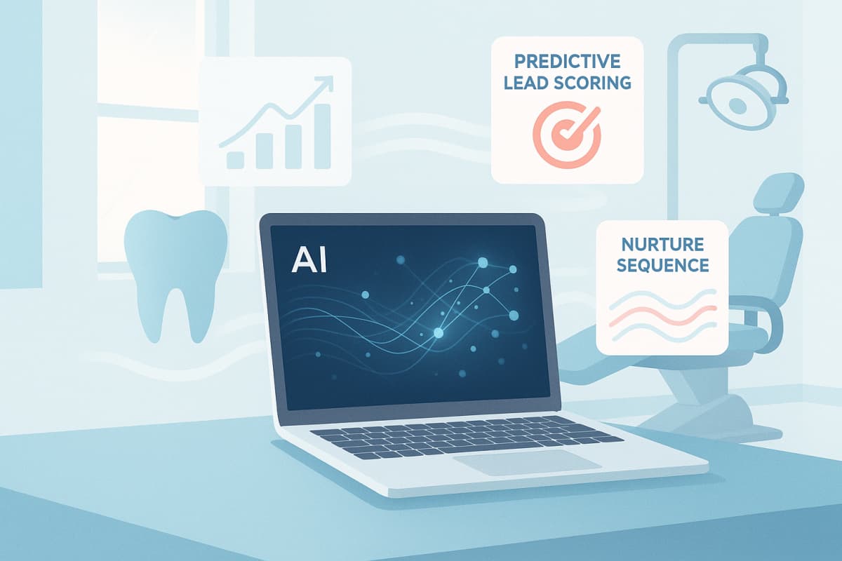 Modern dental workspace with AI data streams, growth charts, and clinical tones.