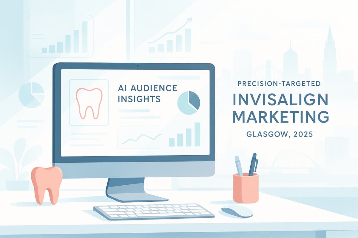 Modern dental workspace with AI insights, data visualizations, cityscape silhouettes, and soft color accents.