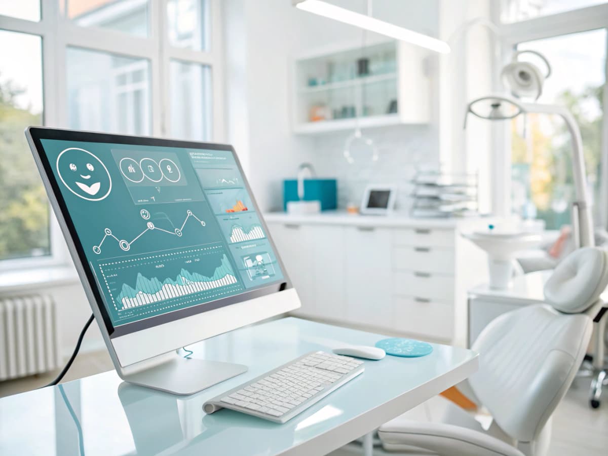 Modern dental workspace with charts, wireframes, and testimonial bubbles in bright, professional colors.