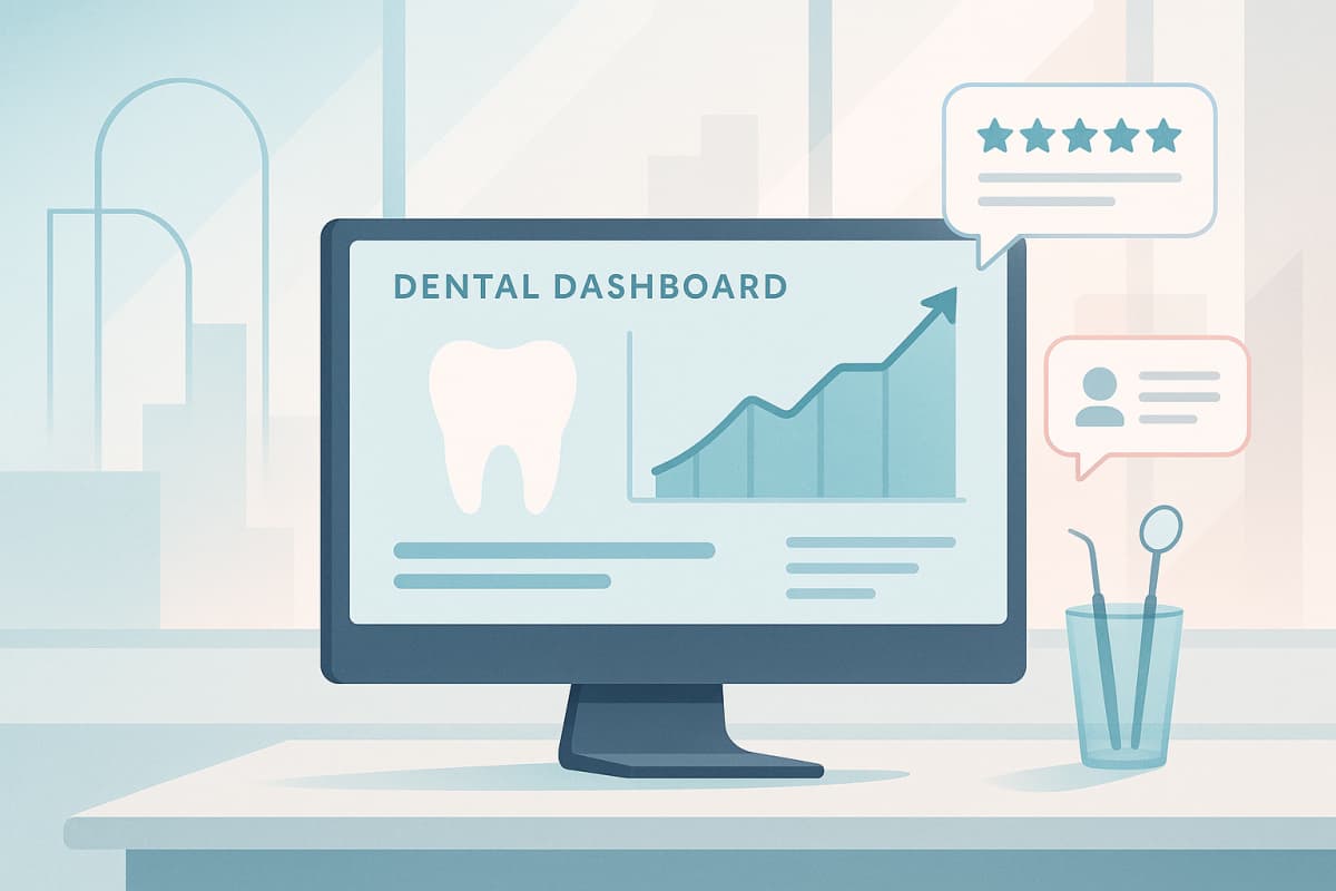 Modern dental workspace with dashboard, growth charts, testimonial bubbles, and architectural elements.