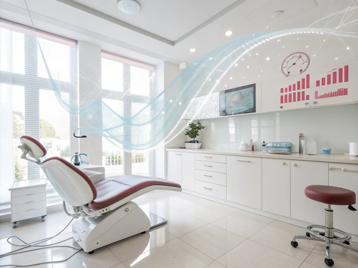 Modern dental workspace with data streams, growth charts, and testimonial bubbles in bright, calming tones.