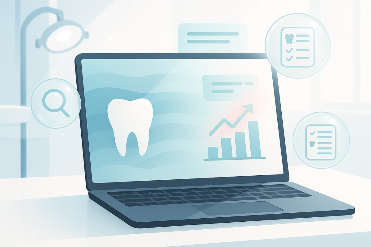 Modern dental workspace with data streams, growth charts, bubbles, and clinical tones.