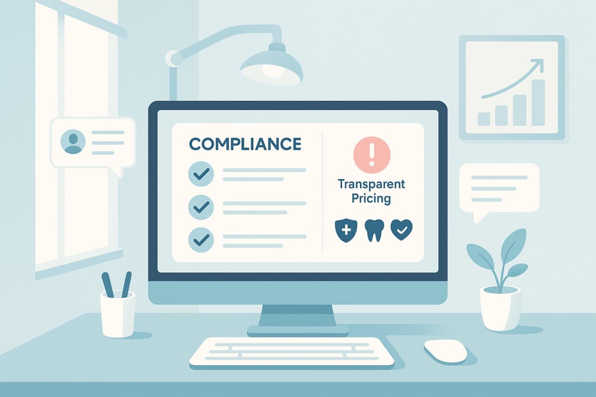 Modern dental workspace with digital compliance dashboard, safety icons, testimonials, and growth charts.