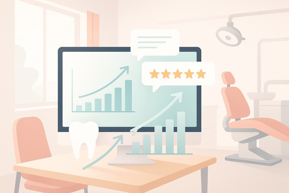 Modern dental workspace with digital dashboard, growth charts, star ratings, and testimonial bubbles.