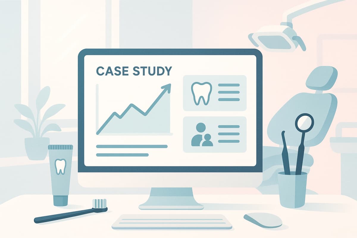 Modern dental workspace with digital dashboard, growth charts, and treatment icons in clinical tones.