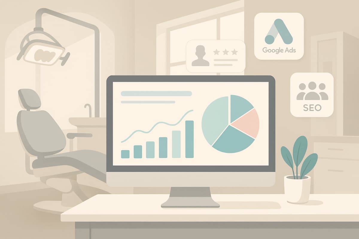 Modern dental workspace with digital dashboard, marketing icons, testimonial bubbles, and clinical tones.
