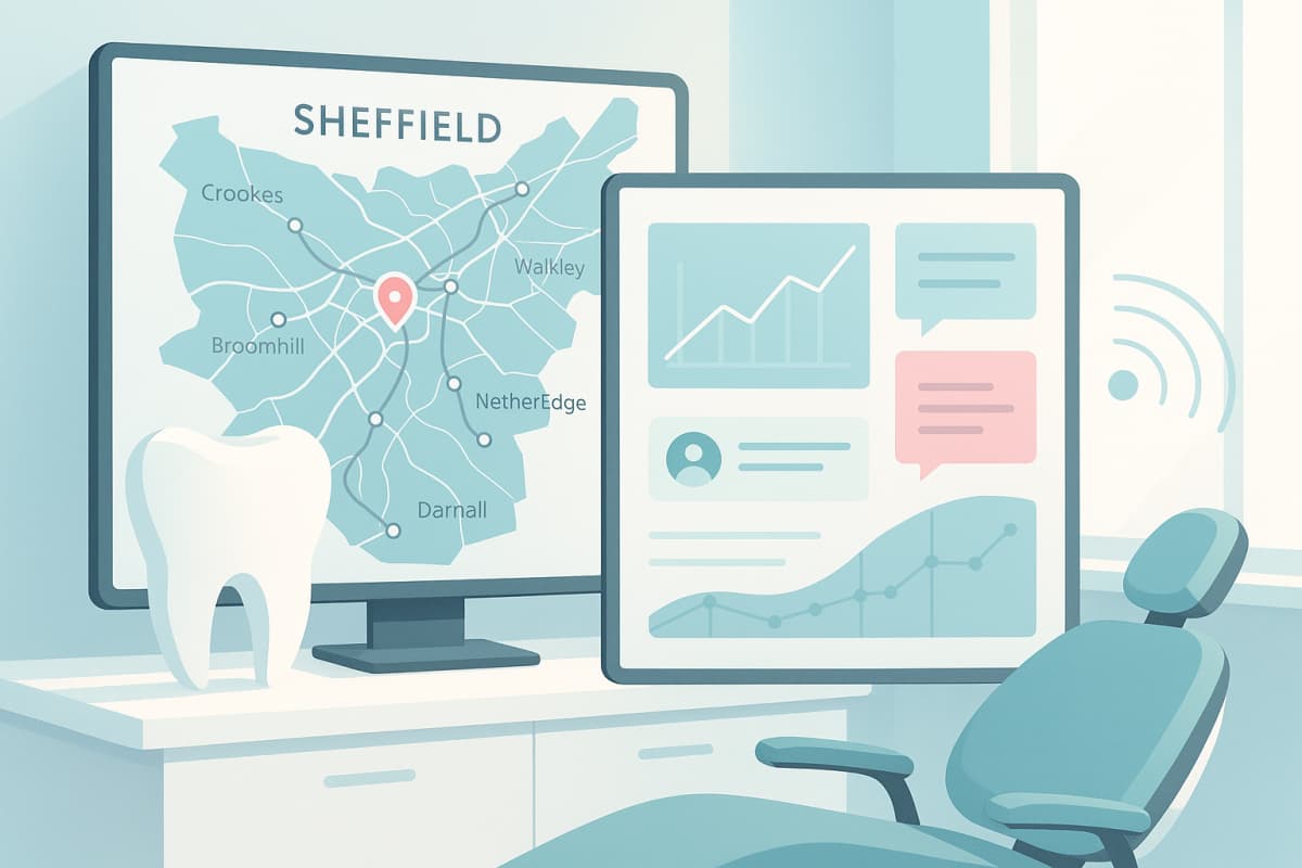 Modern dental workspace with digital dashboards showing Sheffield maps and growth charts.