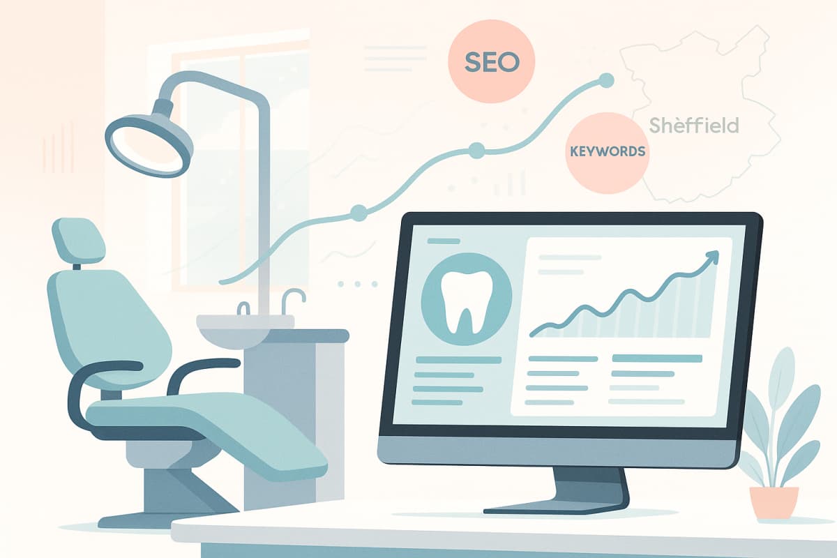 Modern dental workspace with digital growth charts, SEO bubbles, and Sheffield map overlays.