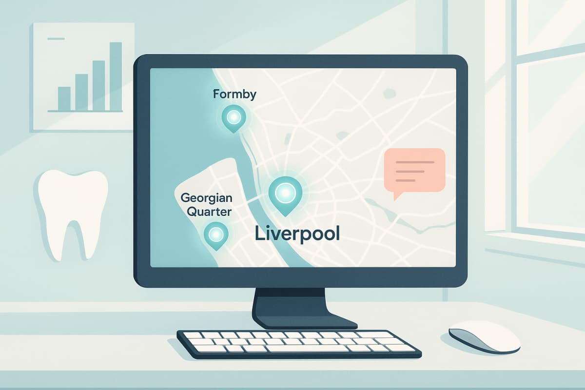 Modern dental workspace with digital maps, growth charts, and testimonial bubbles in calming tones.