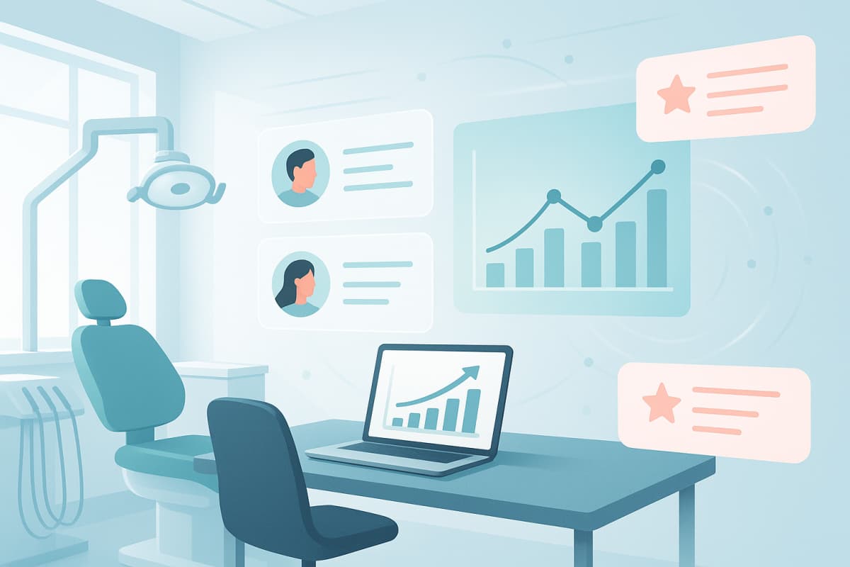 Modern dental workspace with floating patient profiles, growth charts, and clinical data streams.