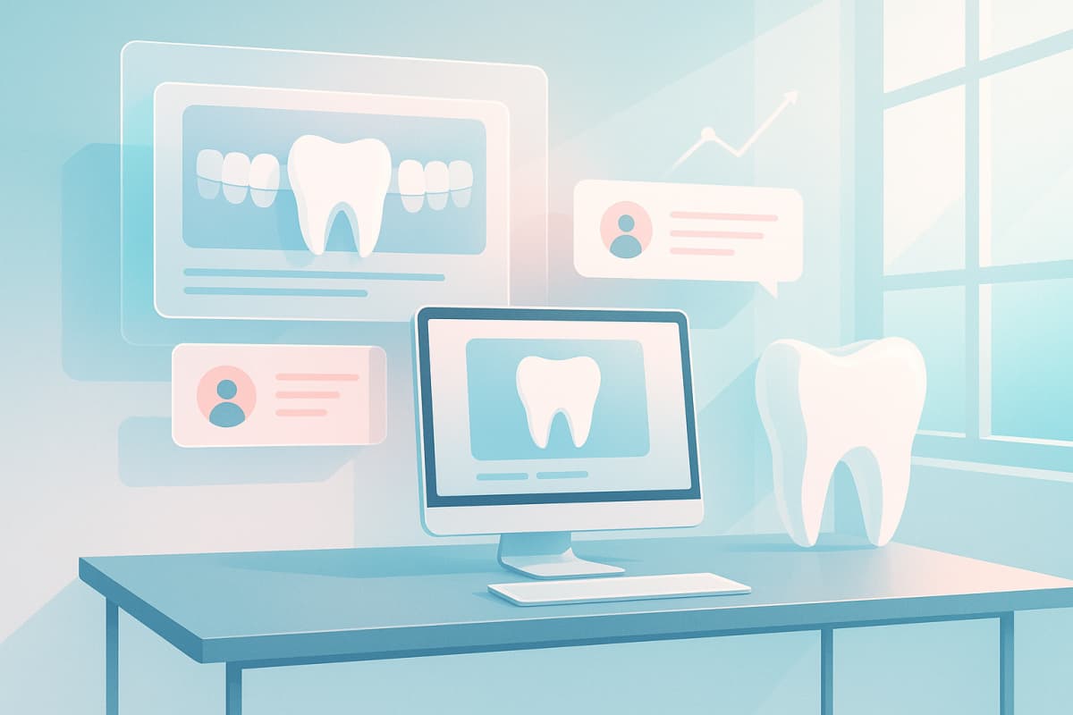 Modern dental workspace with floating storyboards, growth lines, and pink accents in bright light.