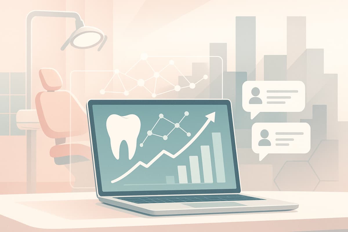 Modern dental workspace with growth charts, data nodes, and urban market elements.