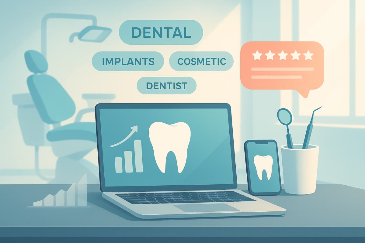 Modern dental workspace with growth charts, keyword clusters, and testimonial bubbles in clinical tones.
