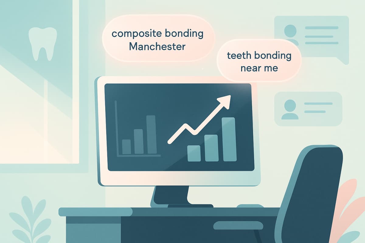 Modern dental workspace with growth charts, keyword bubbles, and testimonial shapes in clinical colors.