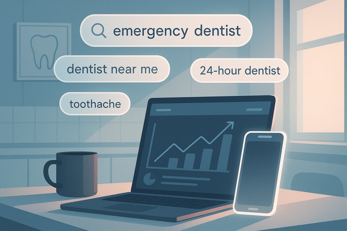Modern dental workspace with growth charts, mobile devices, speech bubbles, and clinical background.