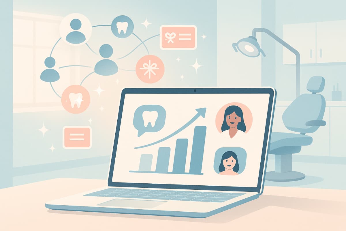 Modern dental workspace with growth charts, testimonial bubbles, patient network, and reward icons.