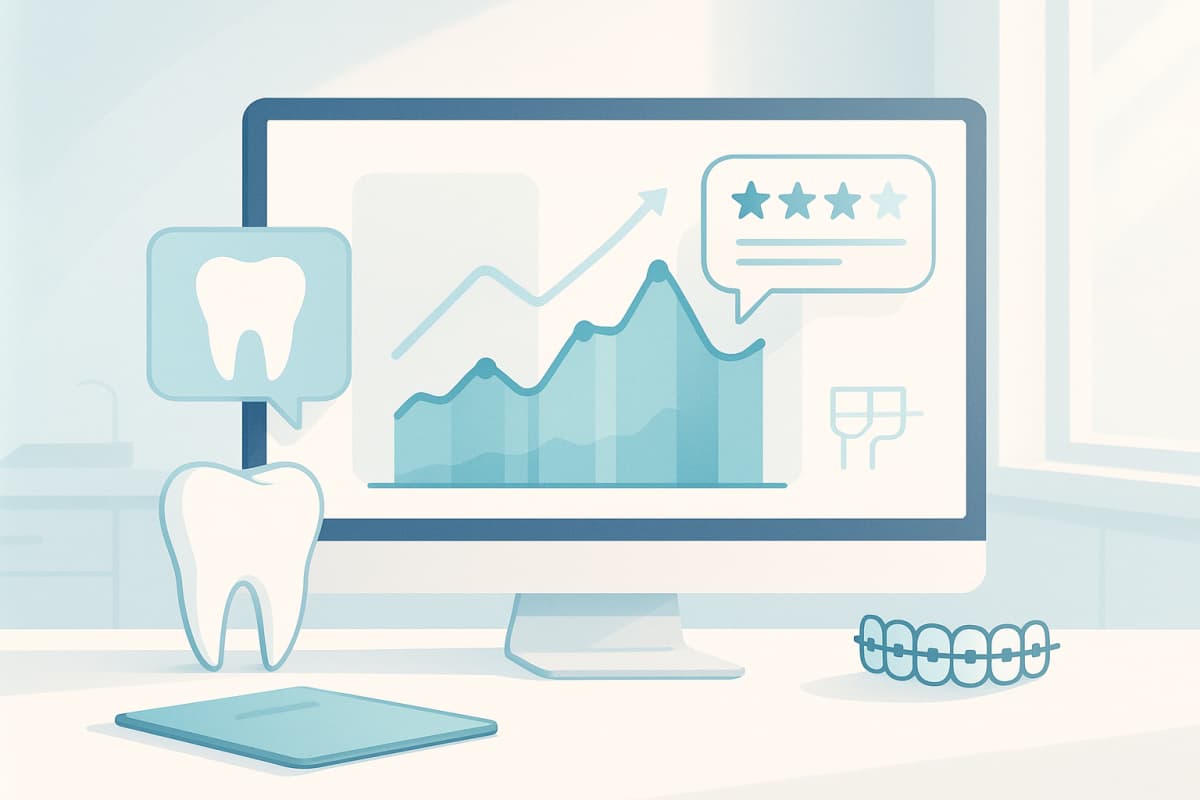 Modern dental workspace with growth charts, testimonial bubbles, and data visuals in bright, clinical tones.