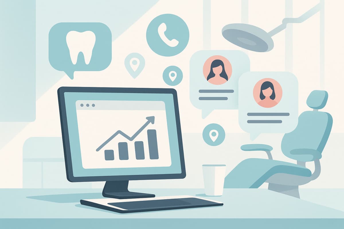Modern dental workspace with growth charts, testimonial bubbles, location pins, and call icons.