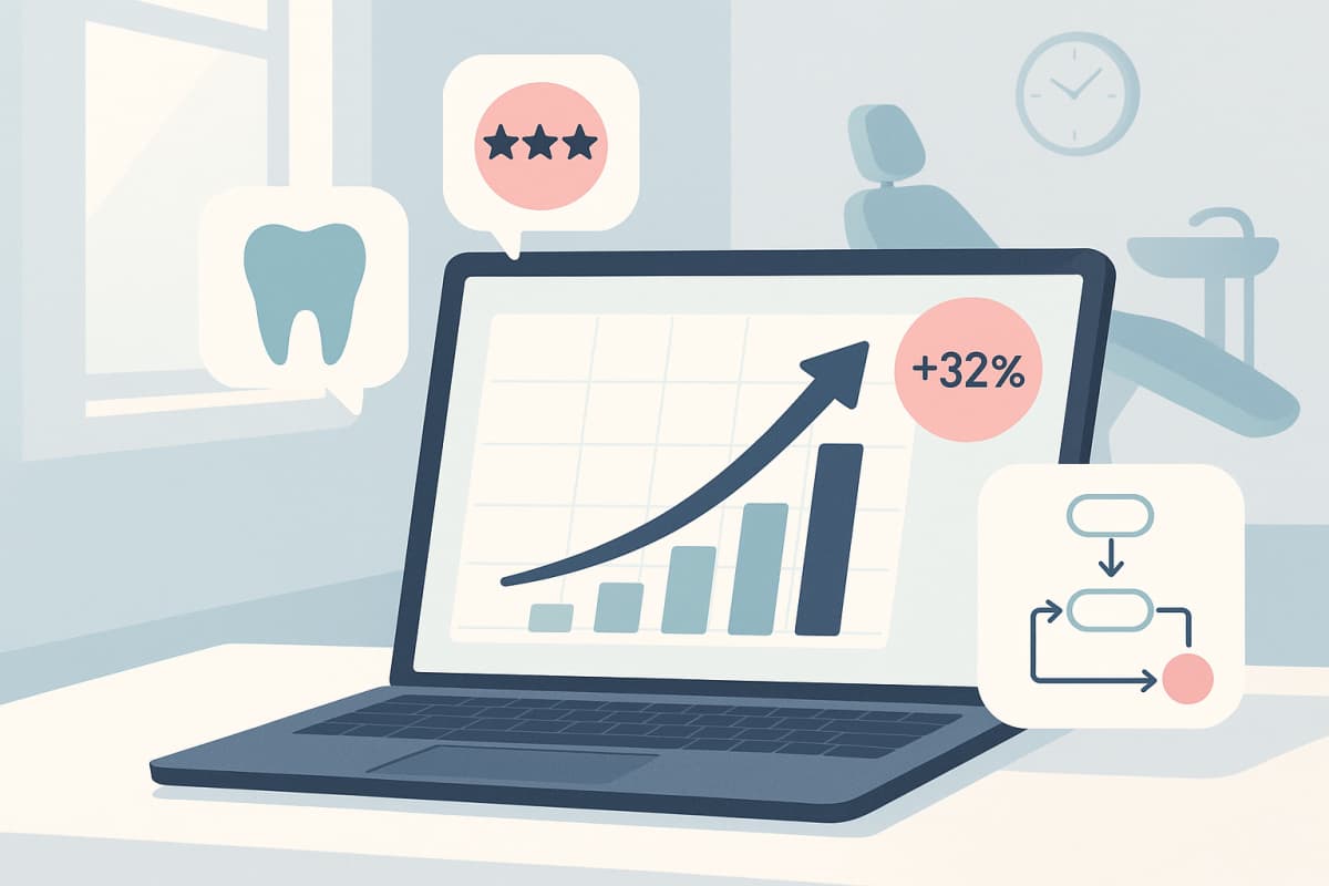 Modern dental workspace with growth charts, testimonial bubbles, and clinical tones in bright lighting.