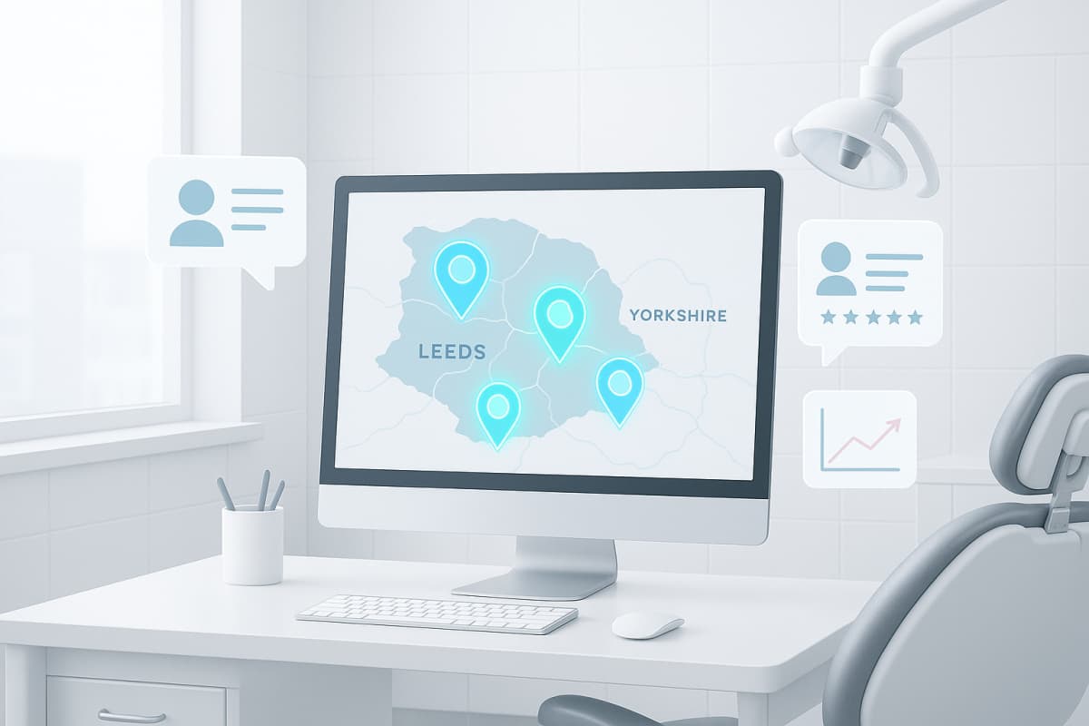 Modern dental workspace with illuminated map markers, testimonials, and growth charts in clinical tones.
