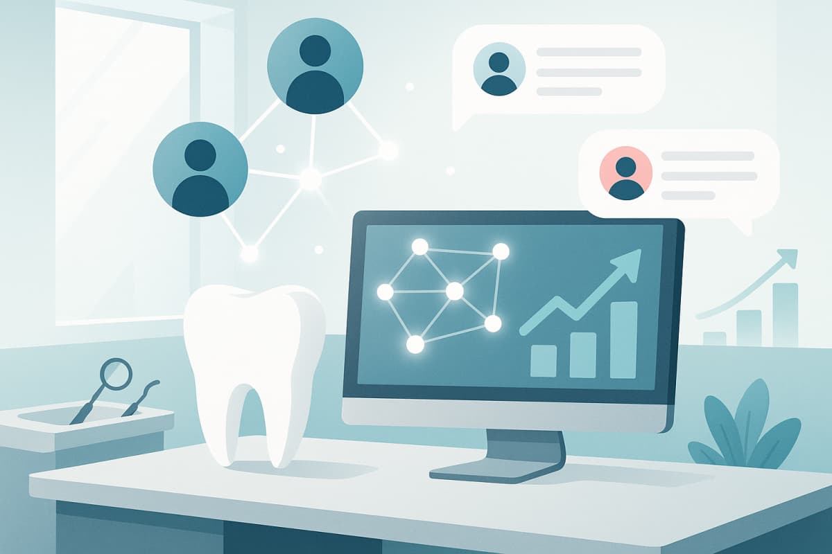 Modern dental workspace with interconnected nodes, growth charts, and testimonial bubbles.