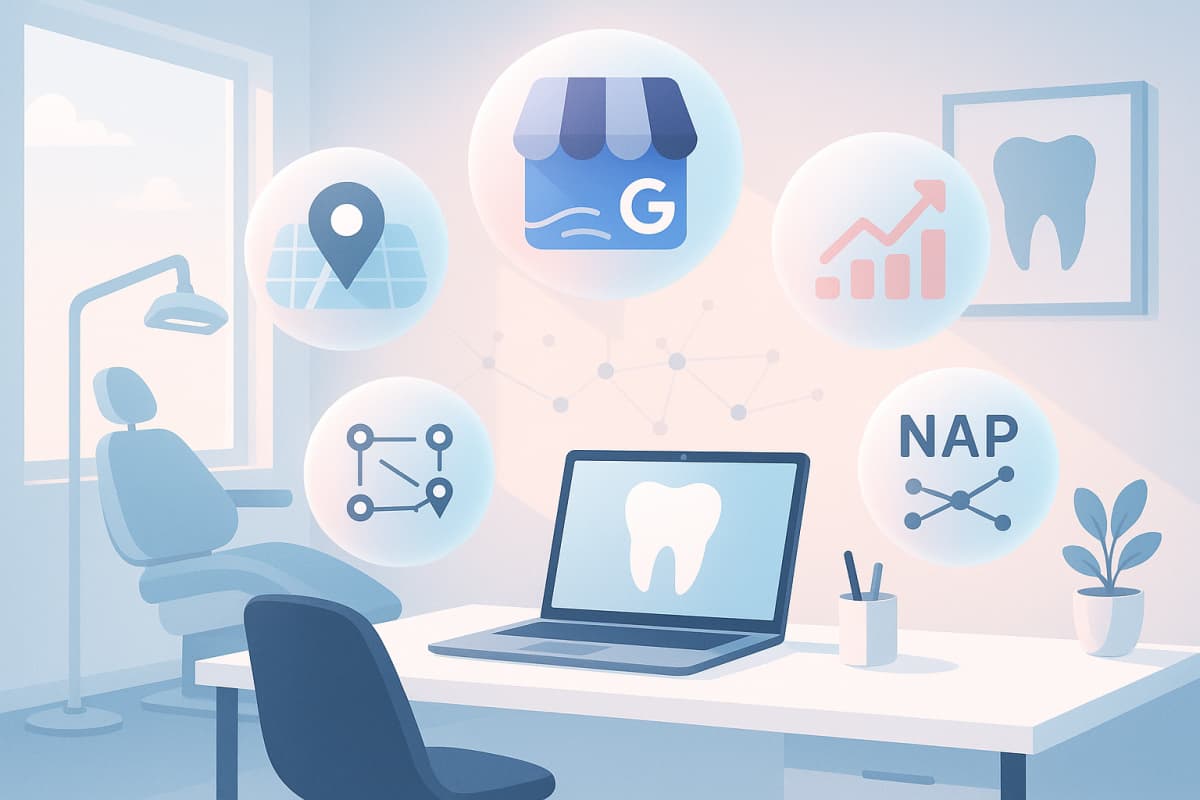 Modern dental workspace with interconnected translucent orbs representing SEO elements and growth.