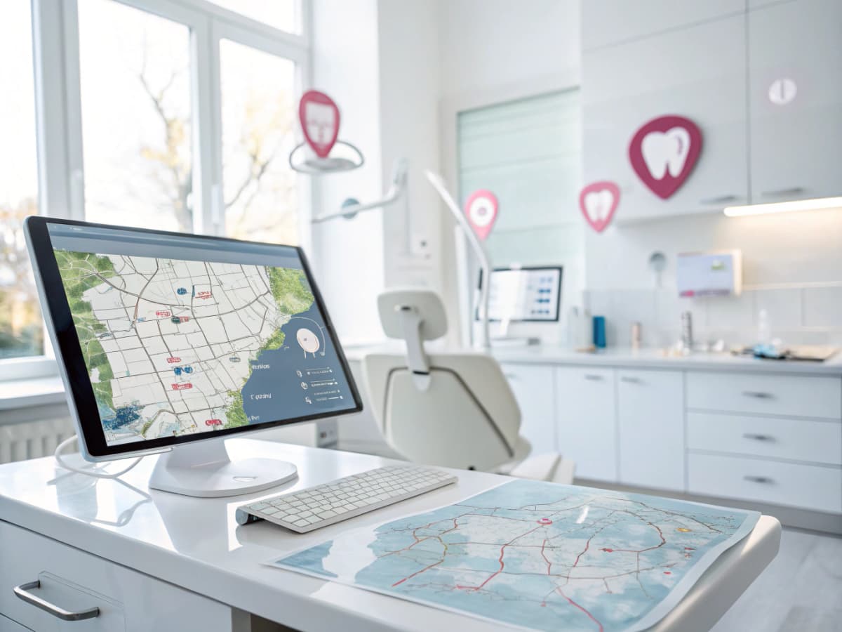 Modern dental workspace with maps, growth charts, speech bubbles, in a clean, professional setting.