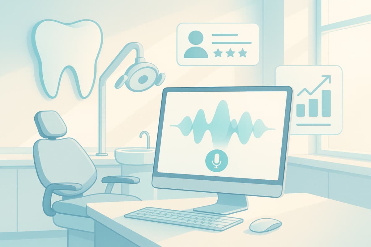 Modern dental workspace with voice search, testimonial bubbles, and growth charts in bright, minimal setting.
