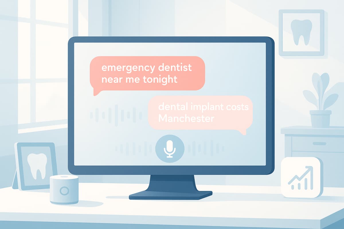 Modern dental workspace with voice waveforms, text bubbles, and digital device icons in clinical setting.
