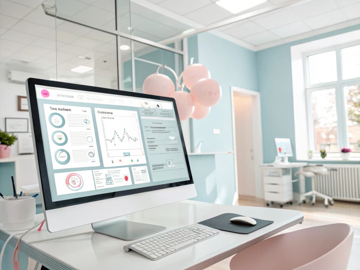 Modern dental workspace with wireframes, checklists, growth charts, and clinical background.