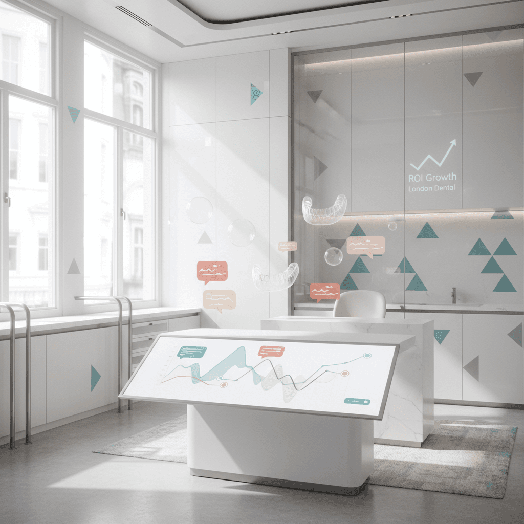 Bright dental workspace with digital dashboard, testimonial bubbles, translucent denture outlines, and modern decor.