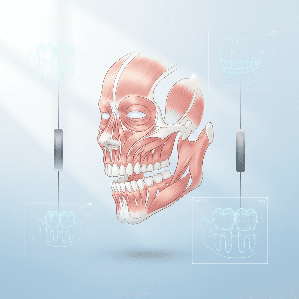 Modern dental anatomy illustration showing jaw muscles and skeletal outlines in a clinical setting.