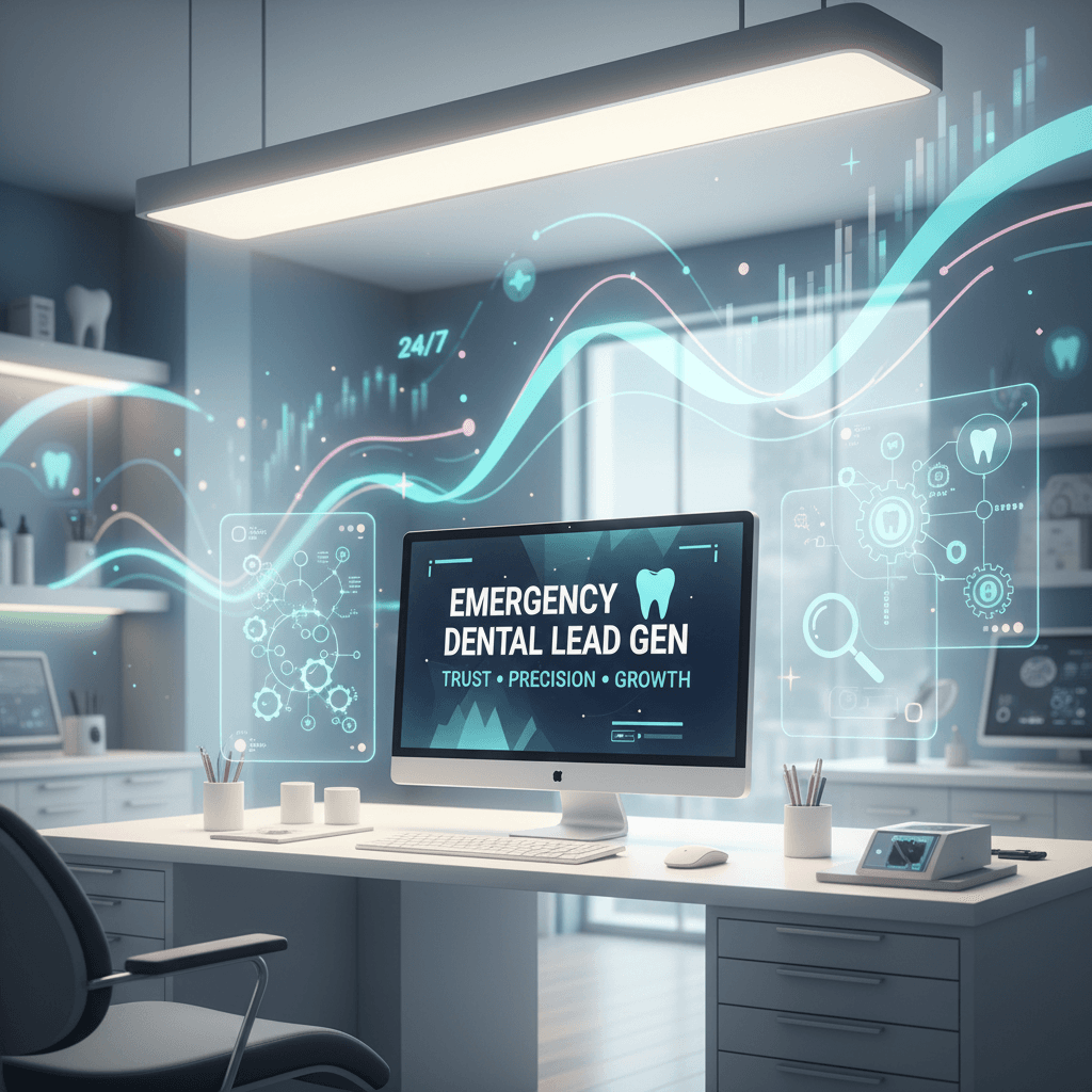 Modern dental clinic and control room with data streams and graphs for lead generation.