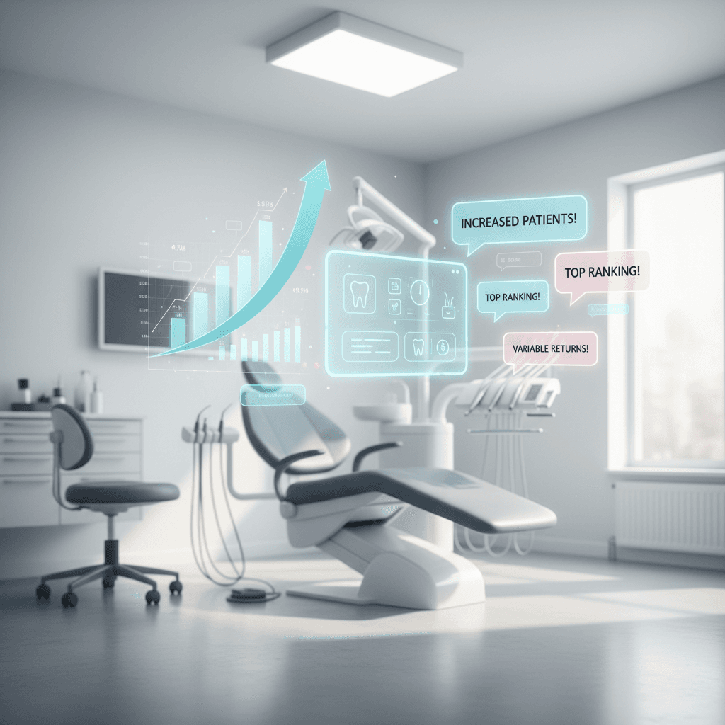 Modern dental clinic dashboard with floating charts and testimonial bubbles in bright, clean colors.