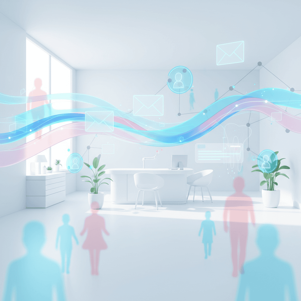 Modern dental clinic illustration with data streams, patient silhouettes, and secure digital icons.